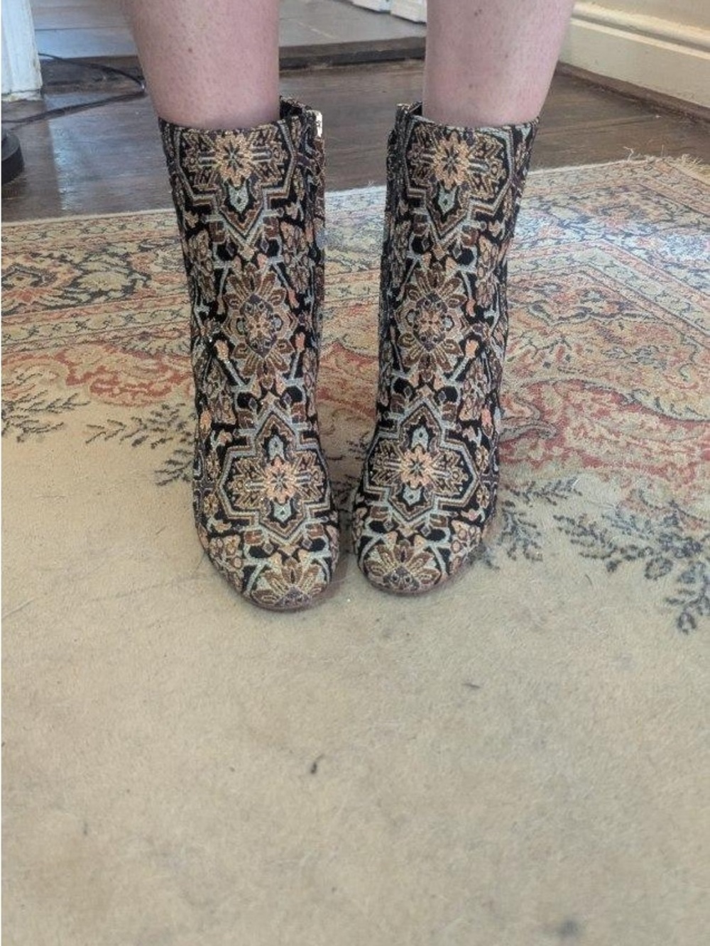 Corra Sam Edelman Tapestry Pattern Ankle Boots in Black and Tan